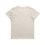 A beige kids' staple tee, featuring a simple crew neckline and short sleeves, with a logo on the back.