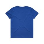 A blue youth staple tee with a plain back and short sleeves, featuring a logo.