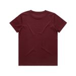 A maroon kids' T-shirt featuring a simple design and a logo on the back.