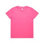 A bright pink t-shirt featuring a simple design and a logo tag on the neckline.