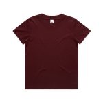 A maroon kids' T-shirt with a crew neck and short sleeves. The shirt features a label inside the neckline.