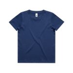 A navy blue kids' staple tee with a classic crew neck design and short sleeves. It has a label inside.
