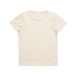 A plain beige kids' t-shirt with a round neck and short sleeves, featuring a brand logo.