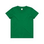A green youth t-shirt with a round neckline and short sleeves. It features a logo on the label.