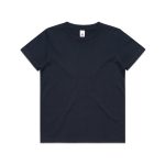 A navy blue kids' T-shirt with a round neckline and short sleeves, featuring a logo.