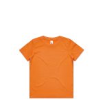 An orange kids' t-shirt with a classic crew neckline and short sleeves, featuring a brand logo on the label.