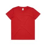 A red kids' T-shirt featuring short sleeves and a classic fit. It has a label inside and includes a branding logo.