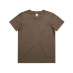 A brown youth staple tee with a classic crew neck and short sleeves, featuring a logo on the label.