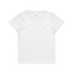 A white kids' staple tee shirt with a simple design and a logo on the label.