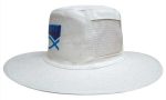 A white canvas hat with vents and a blue logo on the front. It features a wide brim for sun protection.