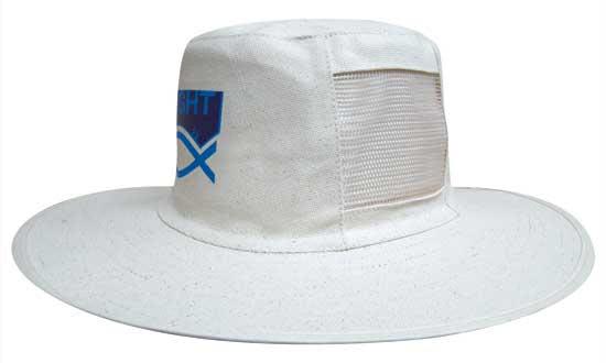 A white canvas hat with vents and a blue logo on the front. It features a wide brim for sun protection. A white canvas hat with vents and a blue logo on the front. It features a wide brim for sun protection.