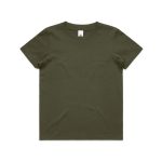 A youth staple tee in olive green, featuring a classic crew neck and short sleeves. The shirt has a logo on the inside label.