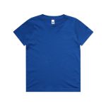 A blue Youth Staple Tee featuring a crew neck design and short sleeves, with a label inside.