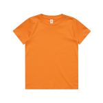 An orange Youth Staple Tee featuring a classic crew neck and short sleeves, accompanied by a logo.