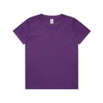 A purple youth t-shirt with a round neck and short sleeves, featuring a logo on the label.