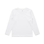 A white long-sleeve t-shirt for kids, featuring a simple design and a logo on the label.