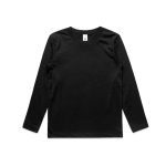 A black long-sleeve T-shirt with a round neckline and a label inside. It features a logo on the front.