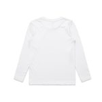 A white long-sleeve T-shirt with a simple design and a label on the back.