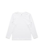 A plain white long-sleeve t-shirt with a simple design and a logo.