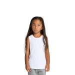 A white sleeveless tank top for kids, with a round neckline and a logo on the side.
