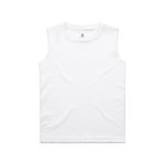 A white sleeveless tank top featuring a logo, designed for kids in a classic style.