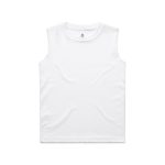 A white sleeveless tank top, featuring a simple design and branding on the label.