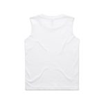 A white sleeveless tank top with a plain back, featuring a logo.