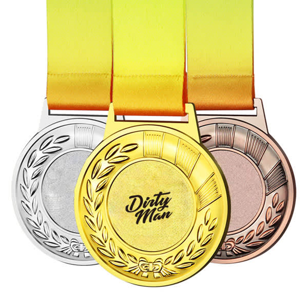 Three customised medals in gold, silver, and bronze with yellow neck ribbons, featuring a logo on each medal. Three customised medals in gold, silver, and bronze with yellow neck ribbons, featuring a logo on each medal.