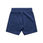 A pair of navy-blue kids’ sports shorts featuring a back pocket and an elastic waistband.