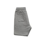 Grey youth stadium shorts made from soft fabric, featuring an elastic waistband and a single back pocket.