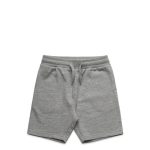 Grey youth stadium shorts with an elastic waistband and drawstring, featuring a small logo.