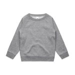A grey crew jumper with long sleeves and a ribbed neckline and hem. It features a branding logo.