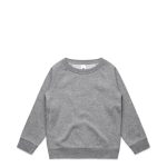 A grey sweater featuring a round neckline and long sleeves, with a logo present on the fabric.