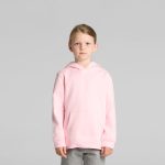 A pink hoodie featuring a front pocket and a hood, designed for children. The garment has a logo on it.