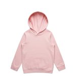 A pink hoodie with a large pocket and a spacious hood. It features a branding logo on the garment.