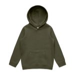 A green hoodie with a front pocket and a hood, featuring a branding logo.