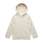 A cream-coloured hoodie with a kangaroo pocket and a large hood. It features a logo or branding.