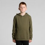 A green hoodie with a front pocket and a hood, designed for youth wear. Features branding on the garment.