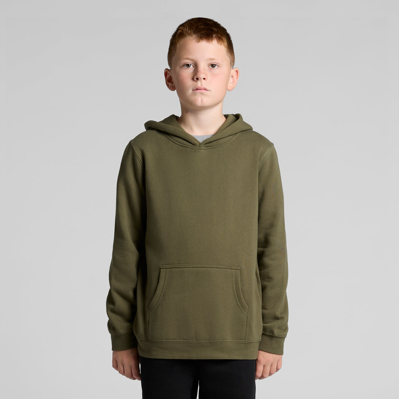 A green hoodie with a front pocket and a hood, designed for youth wear. Features branding on the garment. A green hoodie with a front pocket and a hood, designed for youth wear. Features branding on the garment.