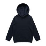A dark navy hoodie with a large hood and a front pocket, featuring a logo.