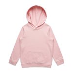 A pink hooded jumper featuring a kangaroo pocket and a hood. The product has a branding logo.