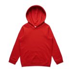 A red hoodie with a front pocket and a large hood. It features a logo on the front.