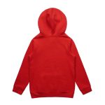 A red hoodie featuring a hood, with long sleeves and a simple design. It has a logo on the back.