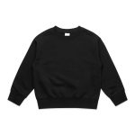 A black sweater with long sleeves and a rounded neckline, featuring a logo on the front.