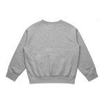 A grey jumper with a crew neck and long sleeves, featuring a fitted waistband and a branding logo.