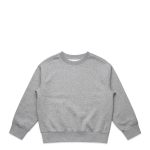 A grey jumper with a crew neck and long sleeves, featuring a simple design and elasticised cuffs.