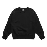 A black jumper featuring a round neckline and long sleeves. It has a logo or branding evident on it.