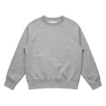 A grey crew neck jumper with long sleeves and ribbed cuffs, featuring a logo.
