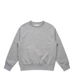 A grey jumper with a round neckline and ribbed cuffs and hem, featuring a branding logo.