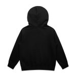 A black hoodie with a hood, featuring long sleeves and a simple, solid design. It has a logo on the back.